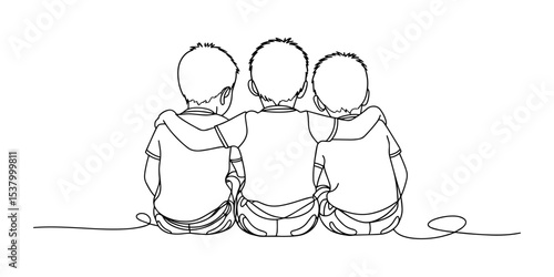 Friendship Day Drawing – Three Boys Hugging from Behind, Childhood Friendship, Minimal Line Art Illustration of Happy Kids Sitting Together Celebrating Friendship and Love