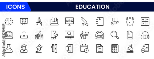 Engaging vector web line icons depicting education, learning tools, books, digital classrooms, and academic growth for knowledge advancement.