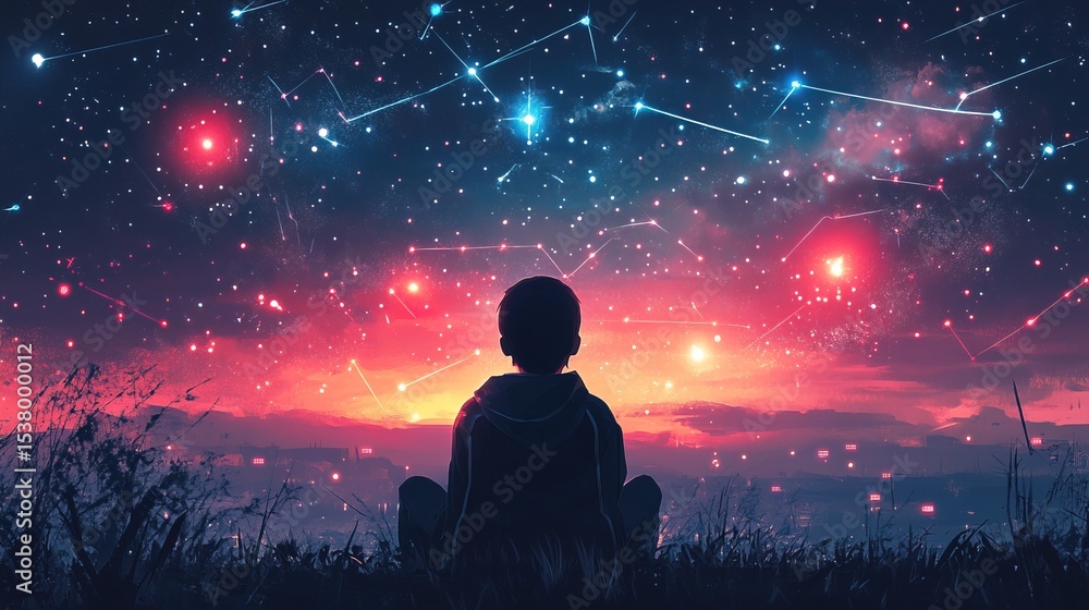A person staring at the night sky, suddenly seeing futuristic constellations A person staring at the night sky, suddenly seeing futuristic constellations