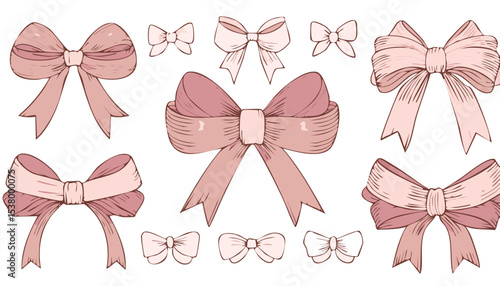 Hand drawn elegant pink bows and ribbons. Minimalist drawing sketch. Vintage vector illustration. Perfect for holiday poster, greeting cards, wedding invitations, branding,birthday, doodle, elegant,