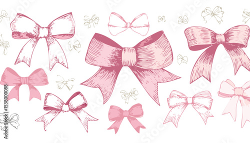 Hand drawn elegant pink bows and ribbons. Minimalist drawing sketch. Vintage vector illustration. Perfect for holiday poster, greeting cards, wedding invitations, branding,birthday, doodle, elegant,