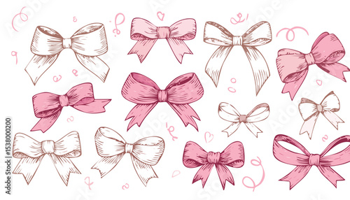 Hand drawn elegant pink bows and ribbons. Minimalist drawing sketch. Vintage vector illustration. Perfect for holiday poster, greeting cards, wedding invitations, branding,birthday, doodle, elegant,
