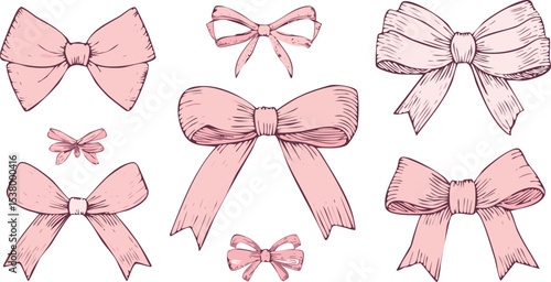Hand drawn elegant pink bows and ribbons. Minimalist drawing sketch. Vintage vector illustration. Perfect for holiday poster, greeting cards, wedding invitations, branding,birthday, doodle, elegant,