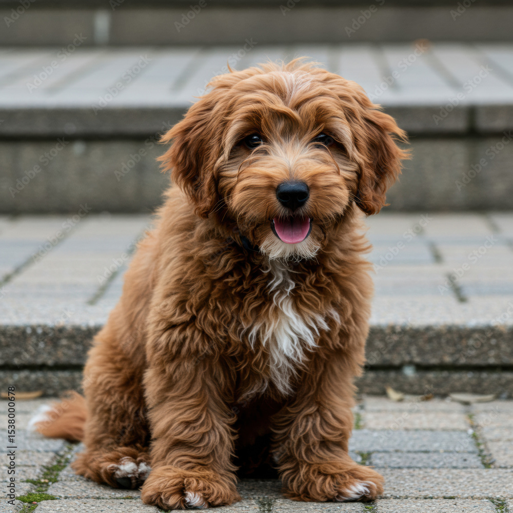 Playful dog labradoodle sitting on outdoor steps urban environment pet photography natural light close-up perspective Playful dog labradoodle sitting on outdoor steps urban environment pet photography natural light close-up perspective