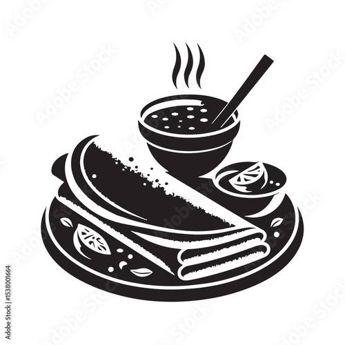 Black Masala Dosa Silhouette Vector, High Quality Illustration on White Background