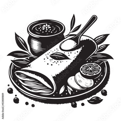 Black Masala Dosa Silhouette Vector, High Quality Illustration on White Background