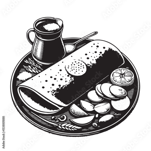 Black Masala Dosa Silhouette Vector, High Quality Illustration on White Background