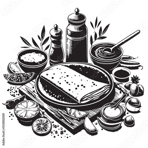 Black Masala Dosa Silhouette Vector, High Quality Illustration on White Background