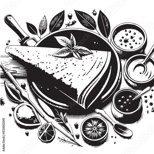 Black Masala Dosa Silhouette Vector, High Quality Illustration on White Background