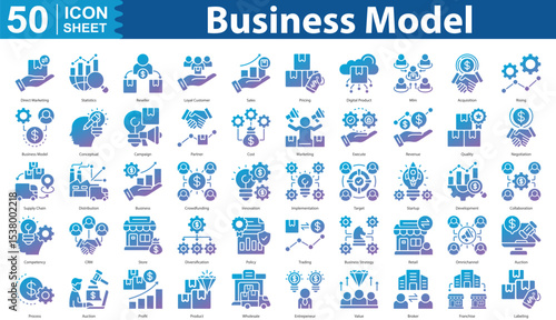 Business Model icon set collection Solid Gradient direct marketing, statistics, reseller, loyal customer, sales, pricing, digital product, mlm, acquisition, rising, business model, conceptual