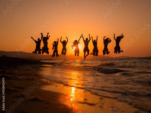 Group jumping at beach sunset