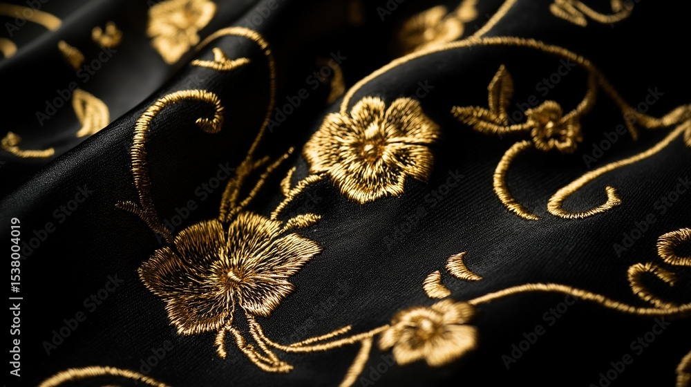 Naklejka premium Luxurious black fabric with intricate gold floral embroidery, elegant abstract pattern