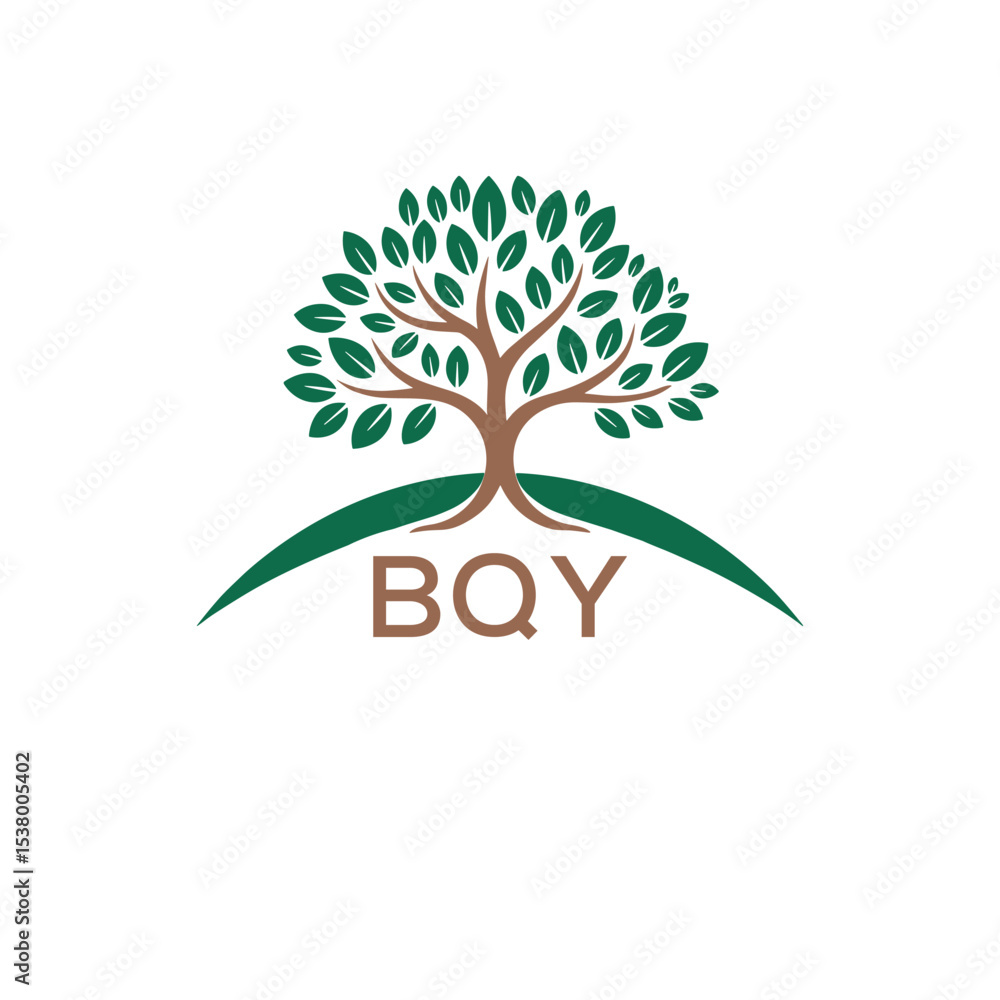 Obraz premium Eco Tree Logo with BQY Text – Green Nature Concept Emblem Design. BQY Letter Logo. 