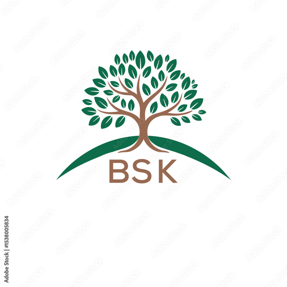 Obraz premium Eco Tree Logo with BSK Text – Green Nature Concept Emblem Design. BSK Letter Logo. 