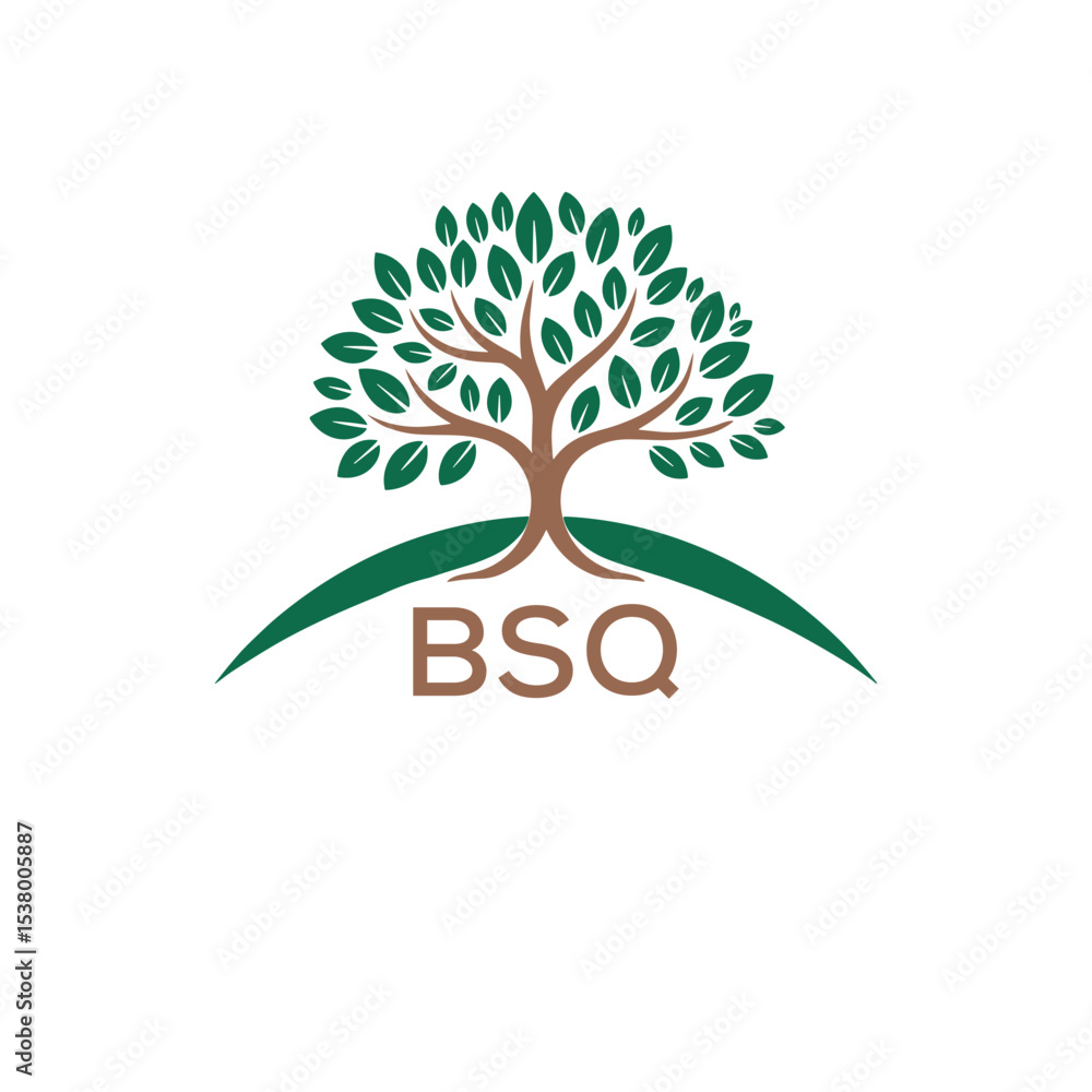 Obraz premium Eco Tree Logo with BSQ Text – Green Nature Concept Emblem Design. BSQ Letter Logo. 