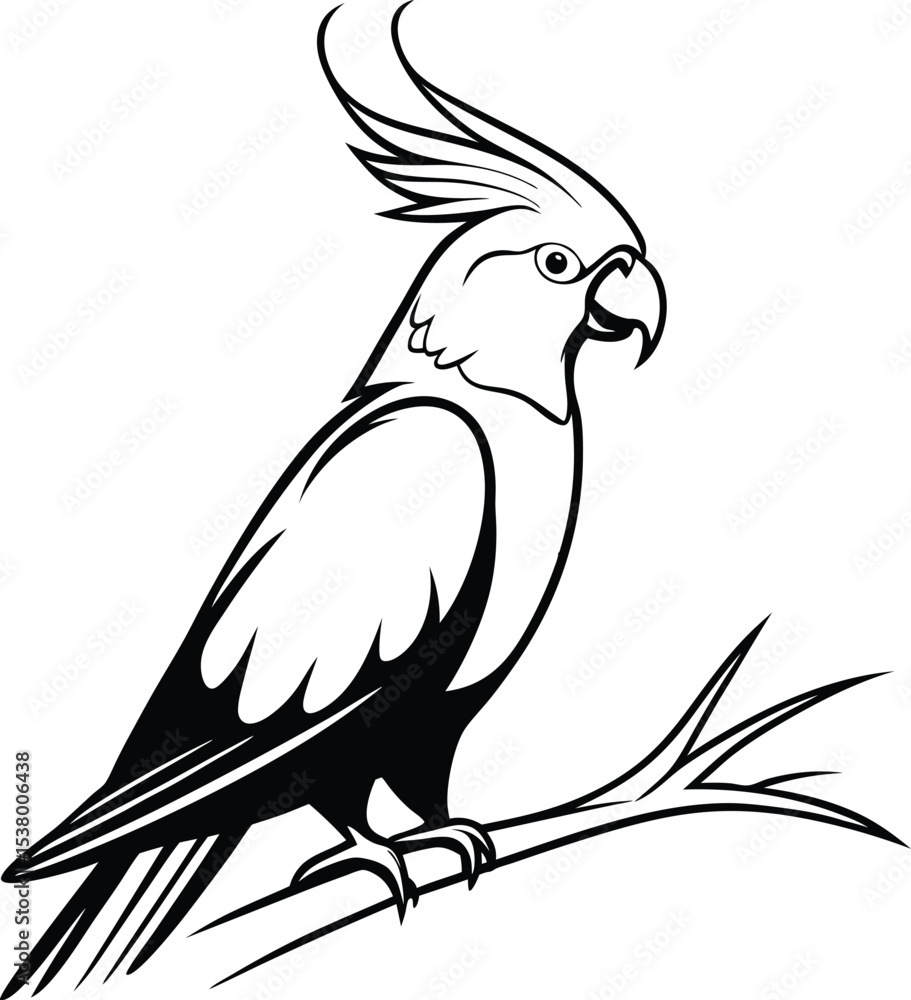 Obraz premium Elegant black and white cockatoo illustration perched on a branch