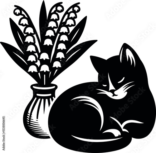 Cozy cat resting peacefully beside a vase filled with Lily of the Valley blooms
