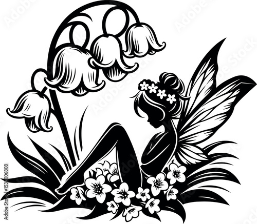 Tiny fairy resting calmly beneath a fragrant Lily of the Valley bell blossom