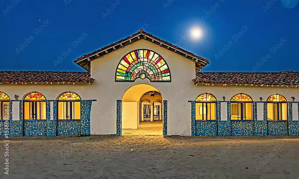 A sun-drenched, arched building at night, illuminated by a full moon, with colorful stained glass windows and a sandy courtyard A sun-drenched, arched building at night, illuminated by a full moon, with colorful stained glass windows and a sandy courtyard