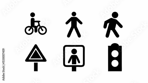 Road Safety Pictograms Biking Pedestrian Crossing Walking Warning Sign Pedestrian Zone and Traffic Lights for