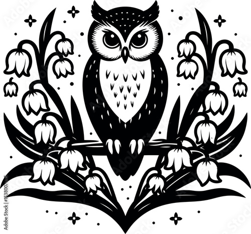 Nighttime owl watches calmly from a branch above blooming Lily of the Valley grove
