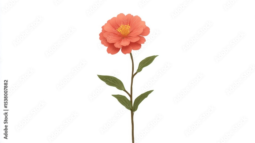 Single Coral Zinnia Flower with Curved Stem and Green Leaves Single Coral Zinnia Flower with Curved Stem and Green Leaves