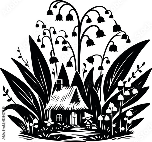 Secret tiny elf village lives peacefully among the fresh green stems of Lily of the Valley
