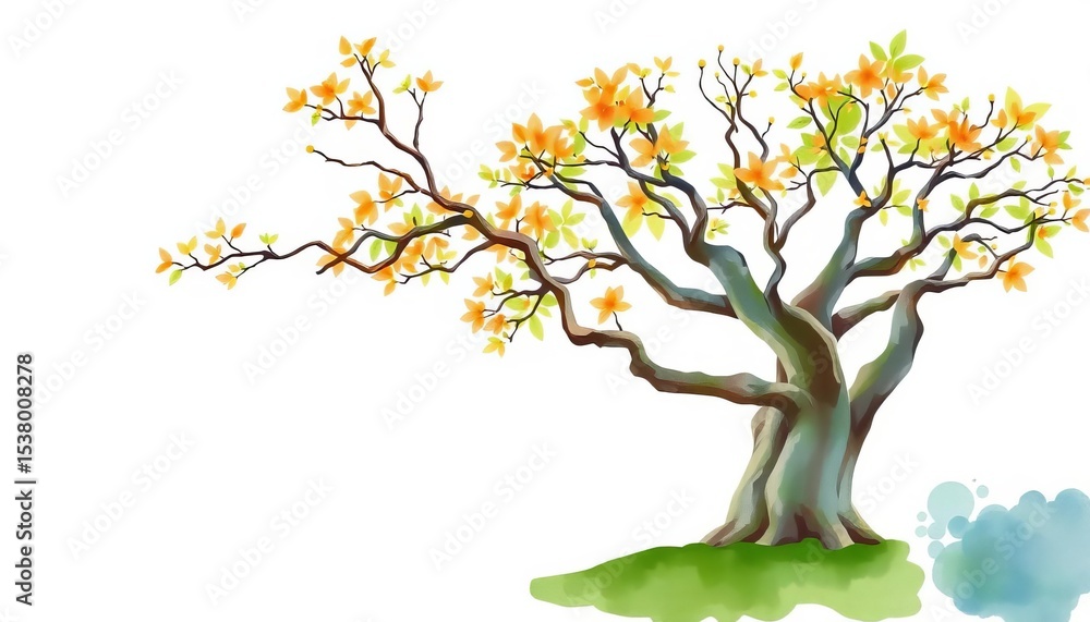 Obraz premium Watercolor-style vector illustration of an architectural tree for landscaping, showing branches & leaves, tree design, element