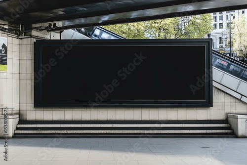 Large Black Blank Billboard on Handrail Transportation Hub: High-Visibility Advertising for Urban Commuters