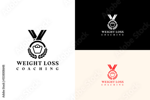 illustration of medal with a scale symbol in the center, vector logo for fat loss journey, winner, achievement, personal trainer, gym, exercise, workout, diet plan, weight loss coaching, and more