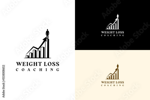 vector illustration of bar graph rising integrated with a slim man, logo for weight loss, fat loss, personal trainer, diet plan, gym, coaching, workout, exercise, health, wellness, fitness, and more