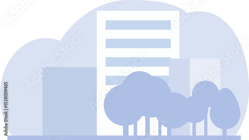 Abstract urban skyline illustration with multiple buildings and trees. Modern city landscape background for digital design and graphic art.