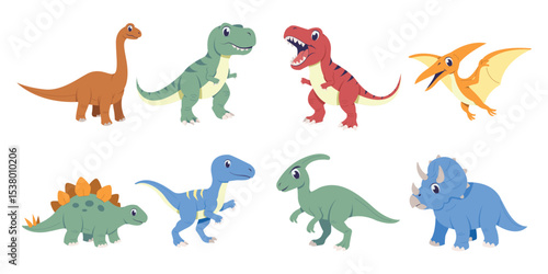 Dinosaurs character Illustration. Brachiosaurus, pterodactyl, tyrannosaurus rex, triceratops, stegosaurus, velocyraptor, parasaurolophus