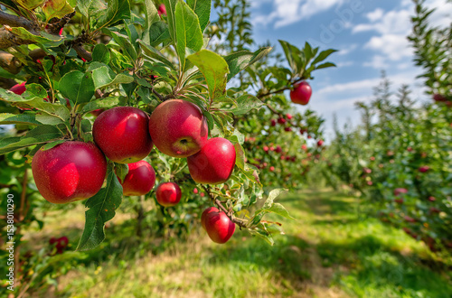 Ripe Red Apples on Tree in Sunny Orchard, Fresh Harvest, Nature Background
