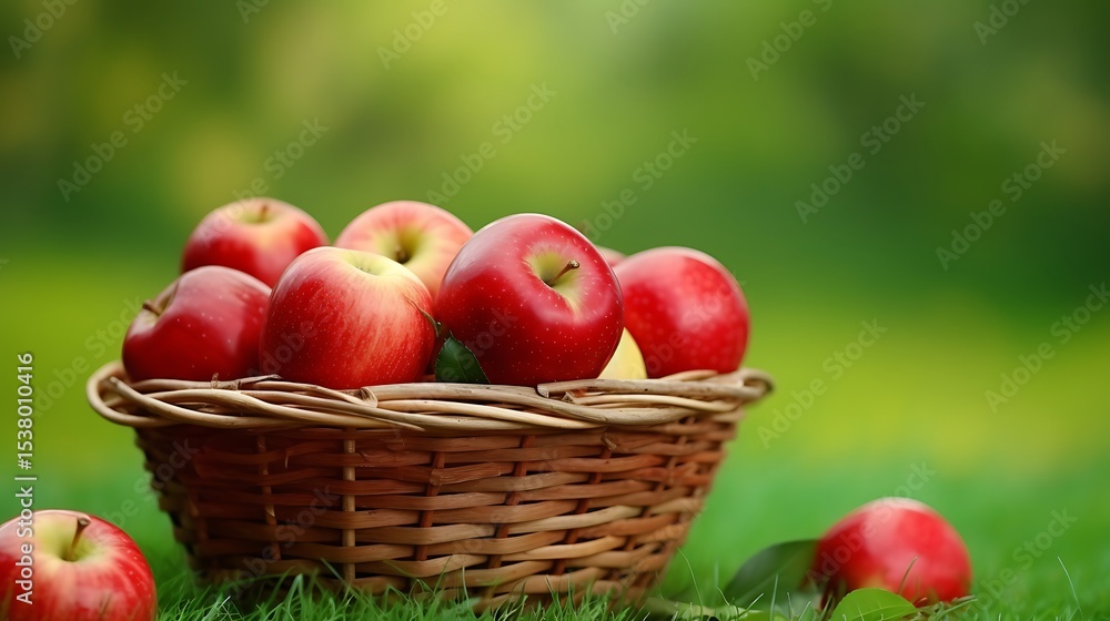 Freshly picked red apples in a wooden basket, solid grass green background. Freshly picked red apples in a wooden basket, solid grass green background.