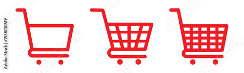 Shopping cart icon. Red shopping cart vector isolated on white background. Red Shopping cart trolley icon vector. Supermarket basket vector set. Store checkout isolated icon Red Shopping cart icon set