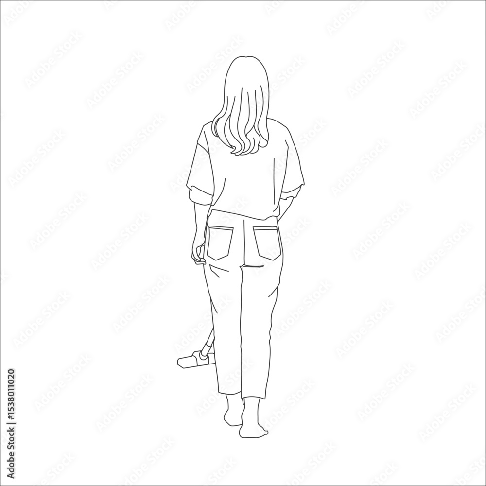 Fototapeta premium 家の中をコードレス掃除機で掃除をしている髪の長い若い女性の後ろ姿の線画イラスト
