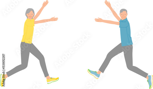 スポーツイメージ：両手を上げてジャンプする笑顔のシニア男女セット