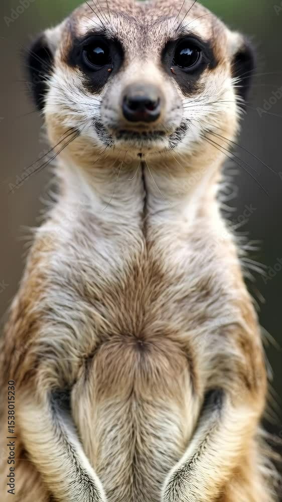 Up close portrait of a meerkat looking directly at the camera with curious, intelligent eyes in its natural habitat on guard duty Up close portrait of a meerkat looking directly at the camera with curious, intelligent eyes in its natural habitat on guard duty