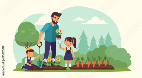 A heartwarming vector illustration of a family gardening together in their backyard, embracing outdoor summer activities and healthy living