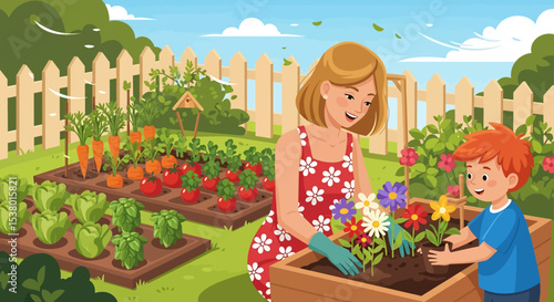 A heartwarming vector illustration of a family gardening together in their backyard, embracing outdoor summer activities and healthy living