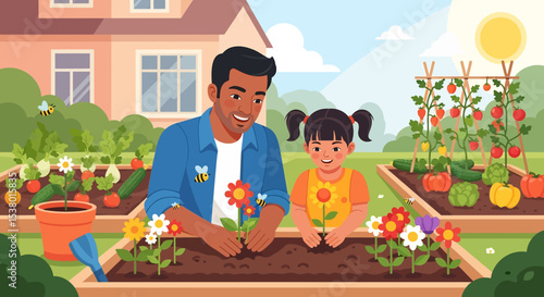 A heartwarming vector illustration of a family gardening together in their backyard, embracing outdoor summer activities and healthy living