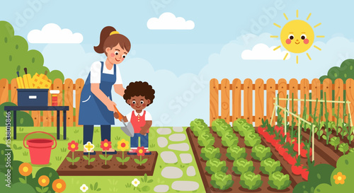 A heartwarming vector illustration of a family gardening together in their backyard, embracing outdoor summer activities and healthy living