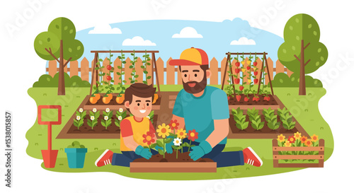 A heartwarming vector illustration of a family gardening together in their backyard, embracing outdoor summer activities and healthy living