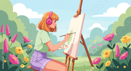 A beautiful vector illustration of a girl painting on an easel in a vibrant, flower-filled park, capturing the joyful essence of summer creative activities