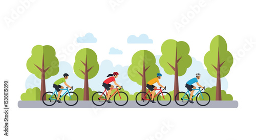 A dynamic vector illustration of a diverse group cycling through a scenic park, promoting outdoor fitness and a healthy, active lifestyle