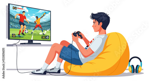 A vector illustration depicting a man playing a football video game on a large TV in a comfortable living room, emphasizing home entertainment and leisure