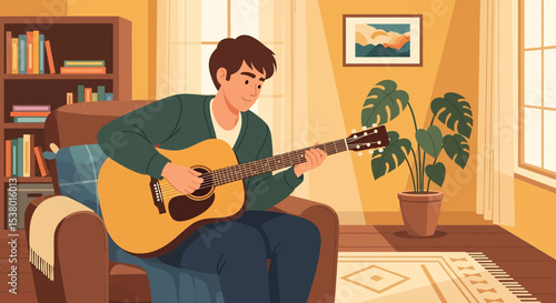 A charming vector illustration of a young man comfortably playing an acoustic guitar on a sofa in a sunlit living room, highlighting hobbies and relaxation