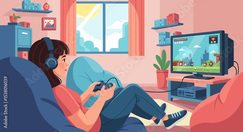 A cheerful vector illustration of a young woman enthusiastically playing a video game on a large TV in her cozy living room, highlighting leisure and entertainment