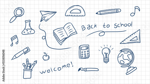 Hand-Drawn Doodle Illustrations of School, Education, and Science Objects on Grid Paper Background